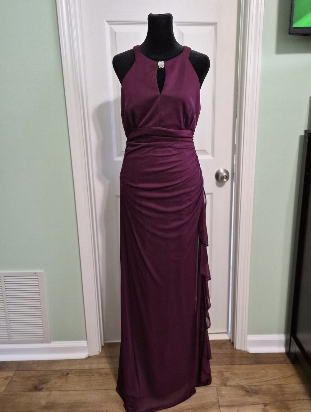 Betsy & Adam Plum Halter Evening Gown with Jewel Accent